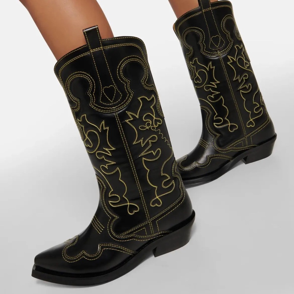 NWT Ganni Mid Shaft Western Embroidered Boots